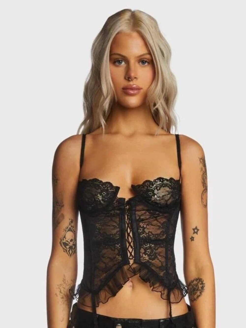DOLLS KILL l Black Floral Lace Sheer Cami Ruffled Trim Bustier Top Women's Small